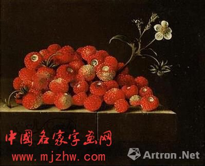 图为阿德里安·柯尔特的纸面油画《窗台上的野草莓》，画中窗台左下侧附带画家签名与标注的日期：柯尔特/1704，尺寸13.5×16.5cm，估价80万到120万美元(约合人民币496.8万到745.2万元)。